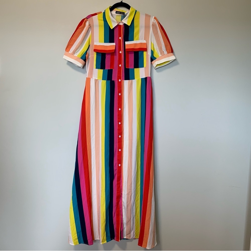 SHEIN Multicolor Vertical Stripe Button-Front Maxi Dress